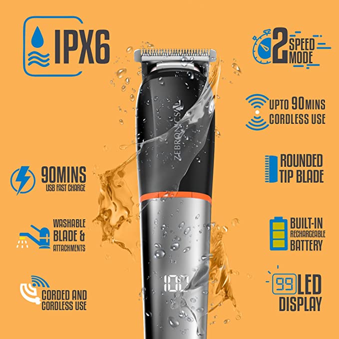 Zebronics ZEB-HT105 Corded/Cordless Use Trimmer with up to 90 Mins USB Fast Charge, IPX6, LED Display, 2 Speed Modes, Rounded Tip Stainless Steel Blade, 4 Guide Combs & ABS (Black+Metallic Grey) Zebronics ZEB-HT105 Corded/Cordless Use Trimmer with up to 90 Mins USB Fast Charge, IPX6, LED Display, 2 Speed Modes, Rounded Tip Stainless Steel Blade, 4 Guide Combs & ABS (Black+Metallic Grey)